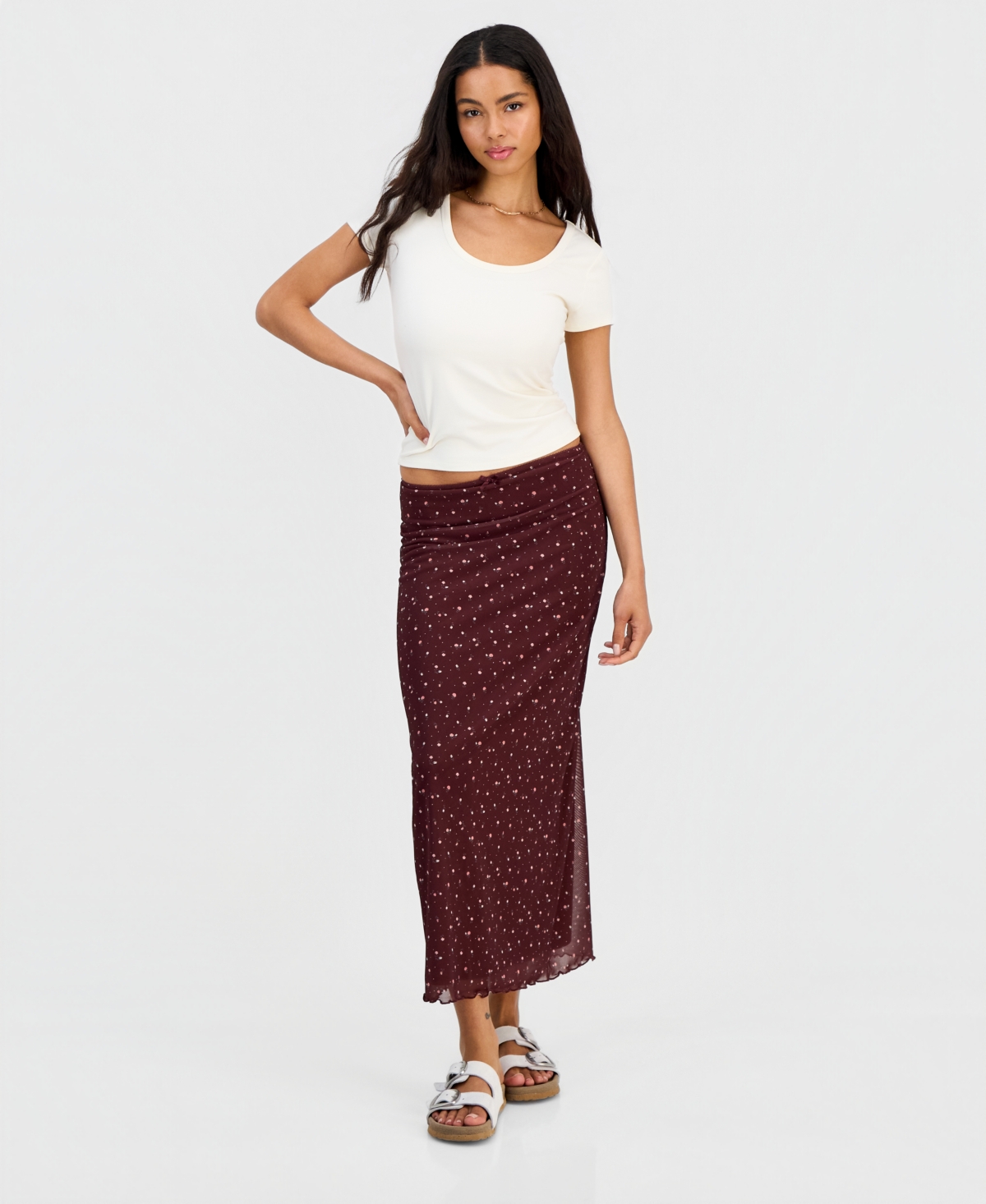 Hippie Rose Juniors’ Printed Mesh Midi Skirt – Burgundy Ditsy Floral Hippie Rose Juniors’ Printed Mesh Midi Skirt – Burgundy Ditsy Floral
