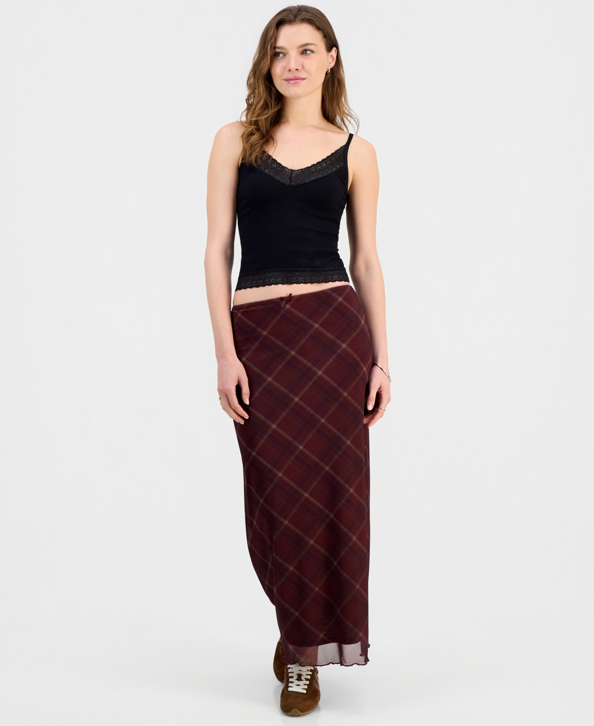 Hippie Rose Juniors’ Printed Mesh Midi Skirt – Burgundy Plaid