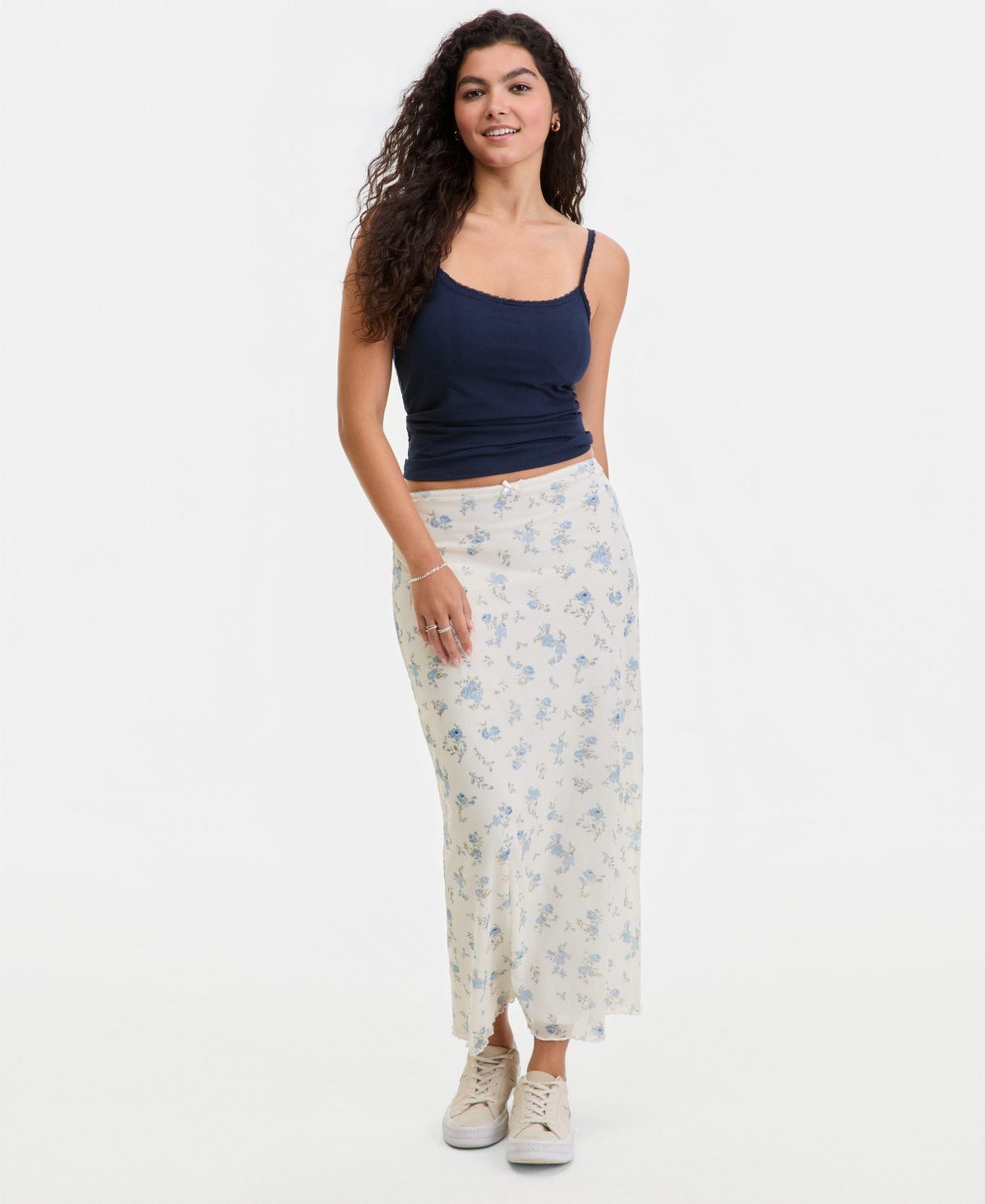 Hippie Rose Juniors’ Printed Mesh Midi Skirt – Whisper White