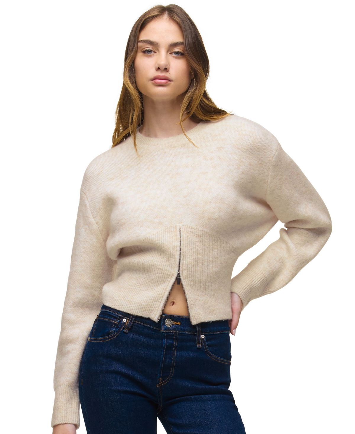 Hudson Jeans Women’s Lizbeth Front-Zip Cropped Sweater – Oatmeal