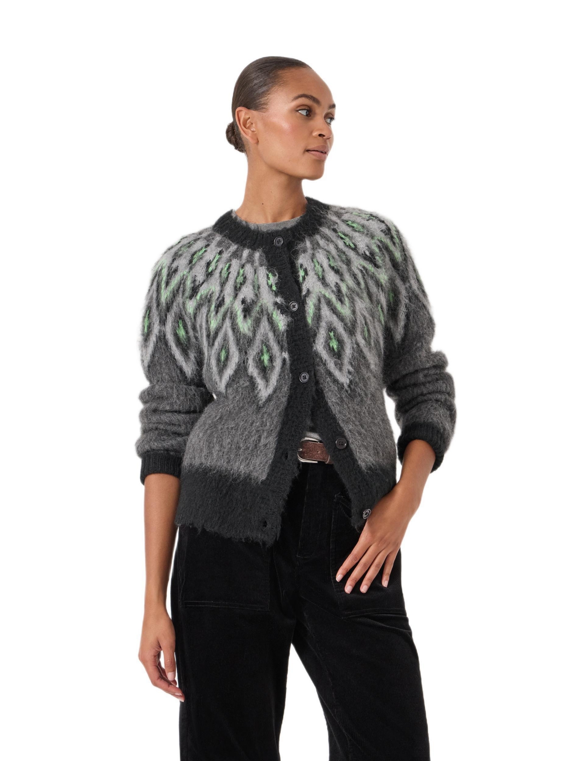 Hush Women’s Brushed Fair Isle Mohair Blend Cardigan – Charcoal marl