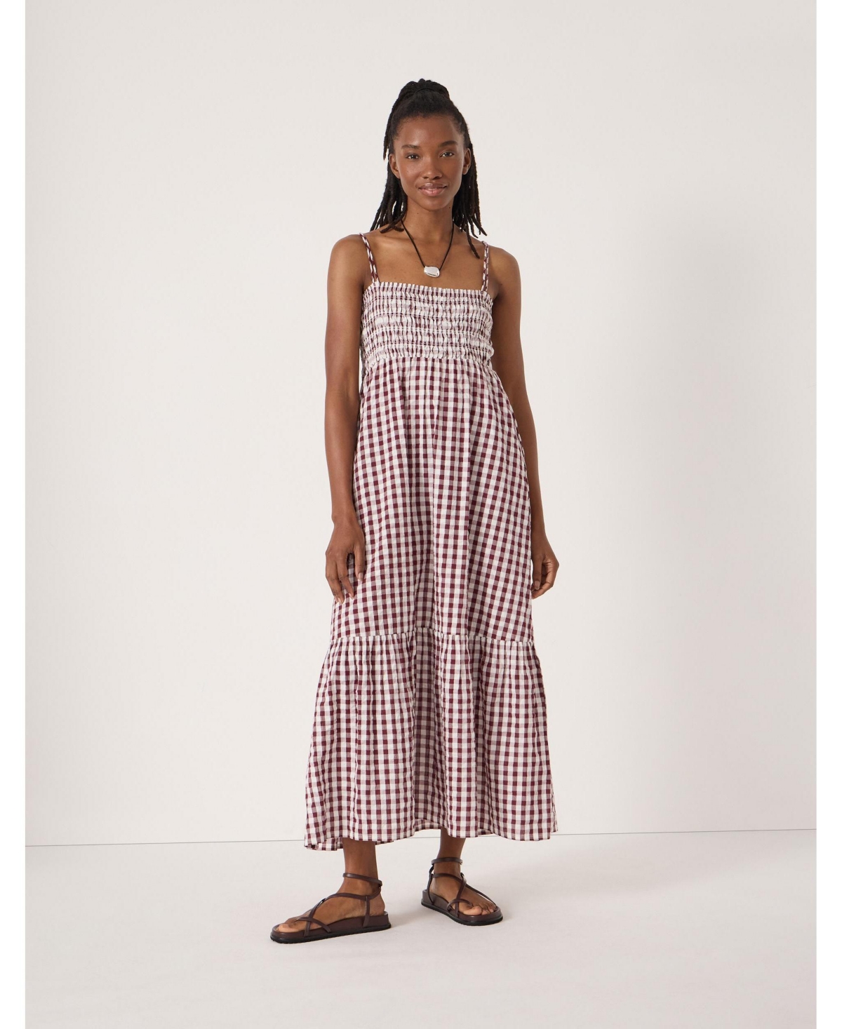 Hush Women’s Leni Shirred Gingham Beach Dress – Maroon red white Hush Women’s Leni Shirred Gingham Beach Dress – Maroon red white