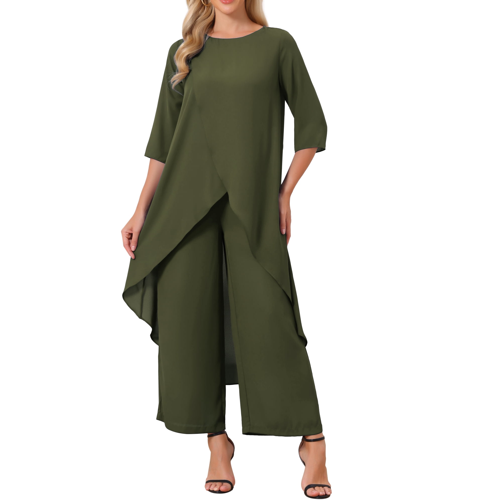 INSPIRE CHIC Women s 2 Piece Chiffon Pantsuit Ruffle Top Wide Leg Pants Formal Wedding Outfit Army Green M INSPIRE CHIC Women s 2 Piece Chiffon Pantsuit Ruffle Top Wide Leg Pants Formal Wedding Outfit Army Green M
