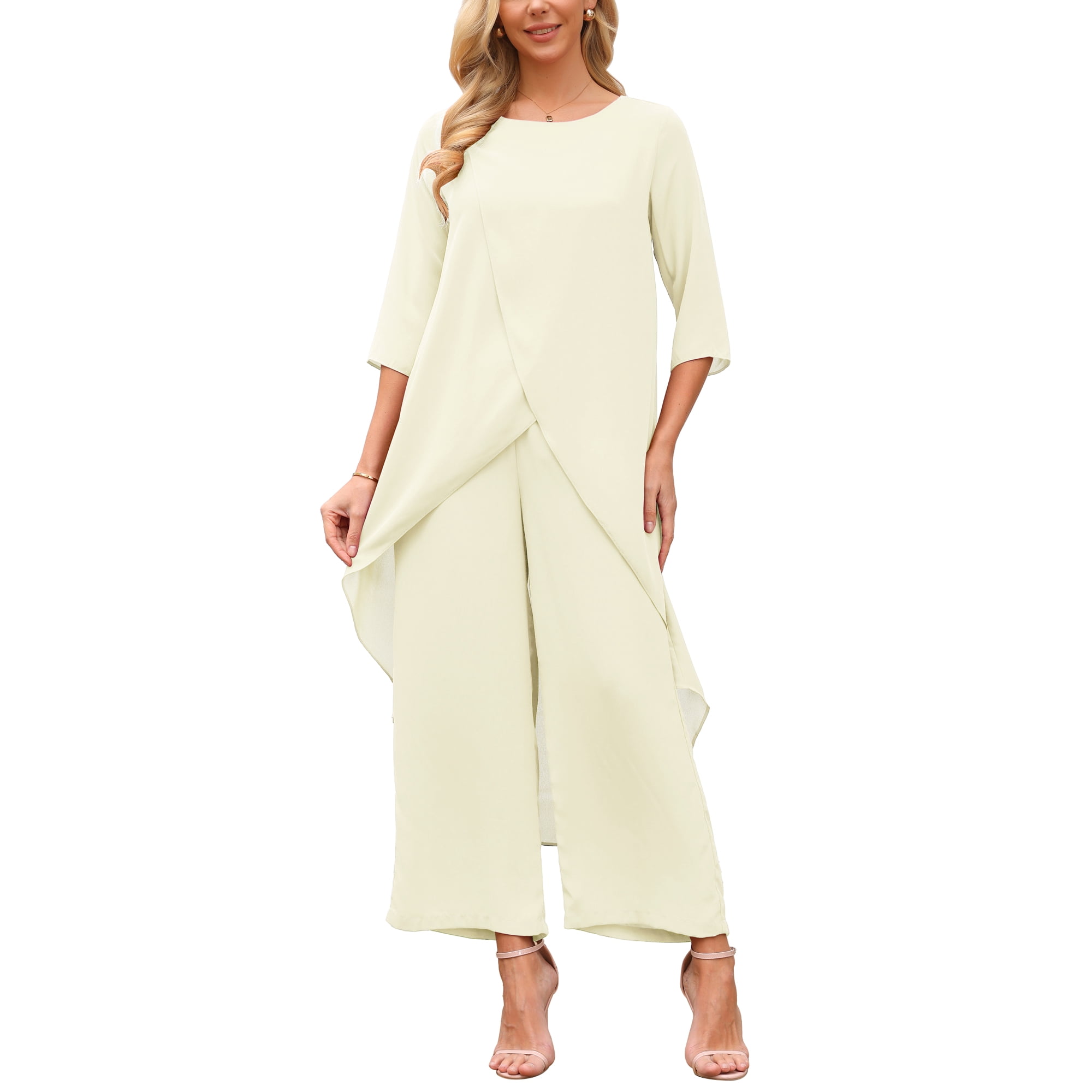 INSPIRE CHIC Women s 2 Piece Chiffon Pantsuit Ruffle Top Wide Leg Pants Formal Wedding Outfit Beige XL INSPIRE CHIC Women s 2 Piece Chiffon Pantsuit Ruffle Top Wide Leg Pants Formal Wedding Outfit Beige XL