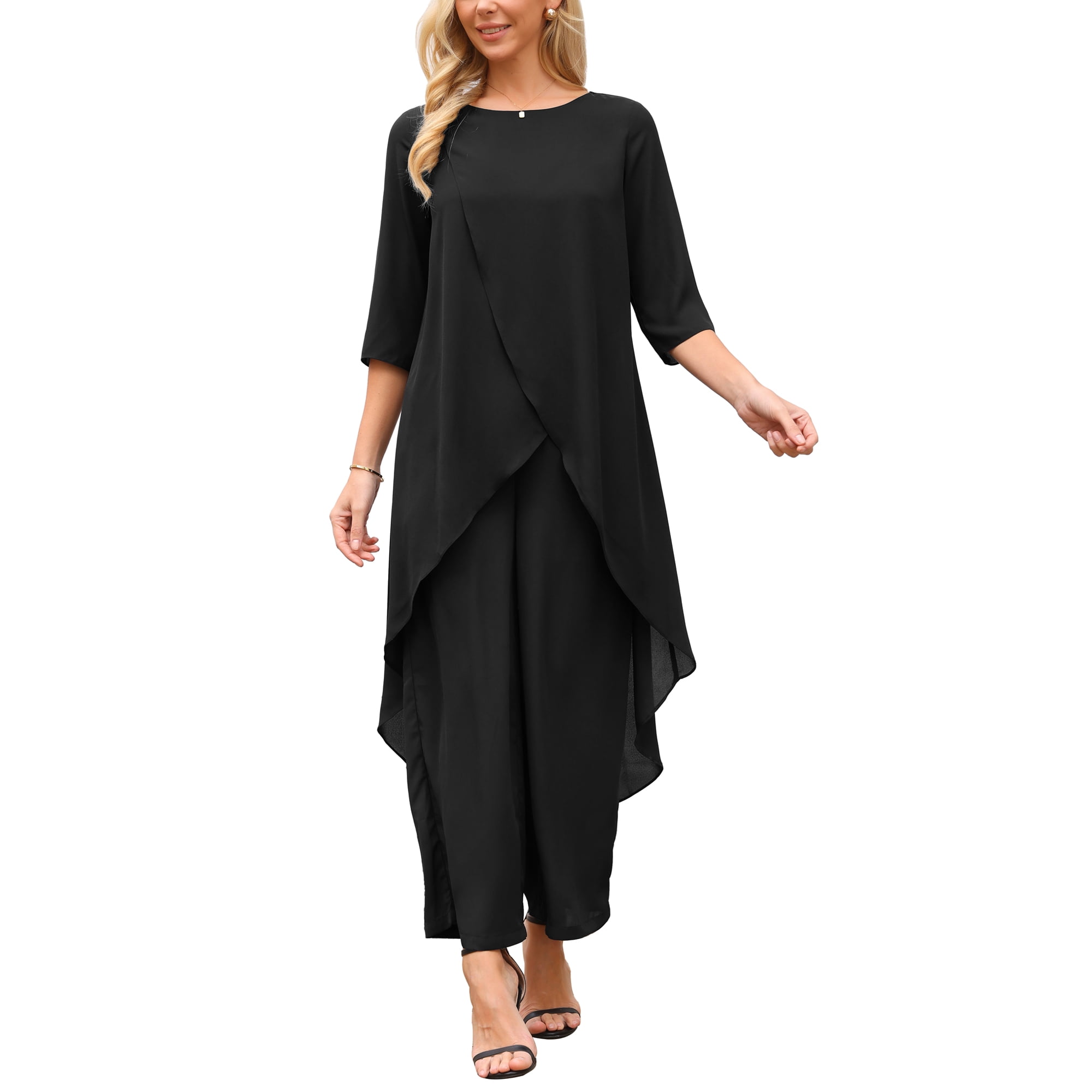 INSPIRE CHIC Women s 2 Piece Chiffon Pantsuit Ruffle Top Wide Leg Pants Formal Wedding Outfit Black M INSPIRE CHIC Women s 2 Piece Chiffon Pantsuit Ruffle Top Wide Leg Pants Formal Wedding Outfit Black M