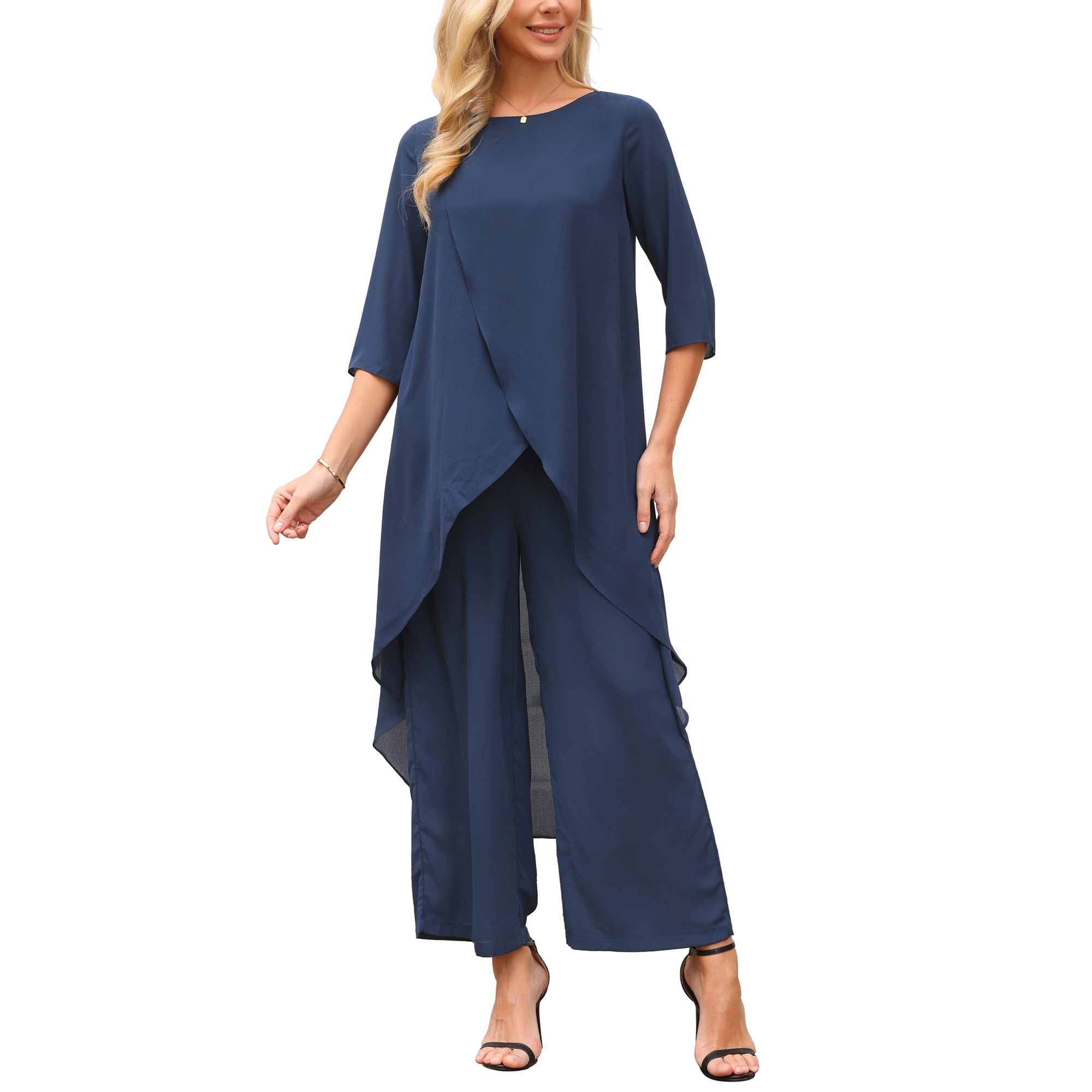 INSPIRE CHIC Women s 2 Piece Chiffon Pantsuit Ruffle Top Wide Leg Pants Formal Wedding Outfit Dark Blue S INSPIRE CHIC Women s 2 Piece Chiffon Pantsuit Ruffle Top Wide Leg Pants Formal Wedding Outfit Dark Blue S