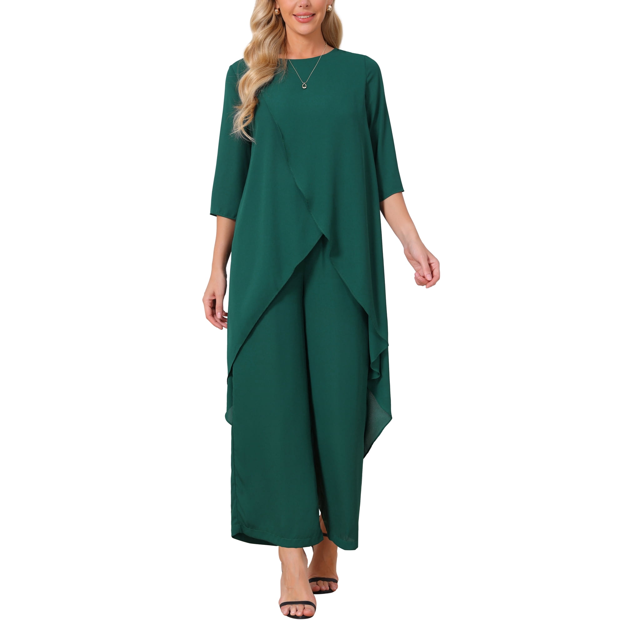 INSPIRE CHIC Women s 2 Piece Chiffon Pantsuit Ruffle Top Wide Leg Pants Formal Wedding Outfit Dark Green S INSPIRE CHIC Women s 2 Piece Chiffon Pantsuit Ruffle Top Wide Leg Pants Formal Wedding Outfit Dark Green S