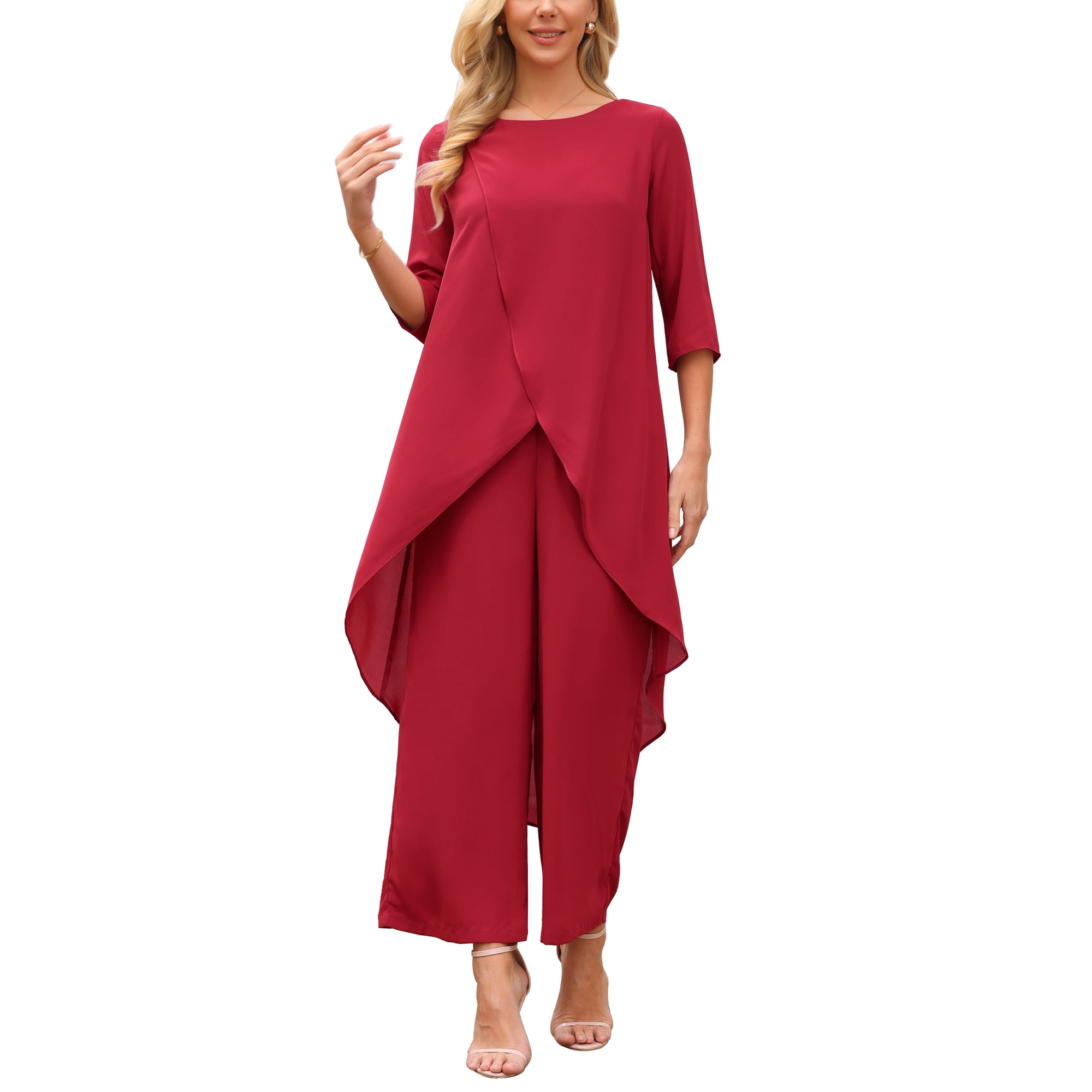 INSPIRE CHIC Women s 2 Piece Chiffon Pantsuit Ruffle Top Wide Leg Pants Formal Wedding Outfit Dark Red L INSPIRE CHIC Women s 2 Piece Chiffon Pantsuit Ruffle Top Wide Leg Pants Formal Wedding Outfit Dark Red L
