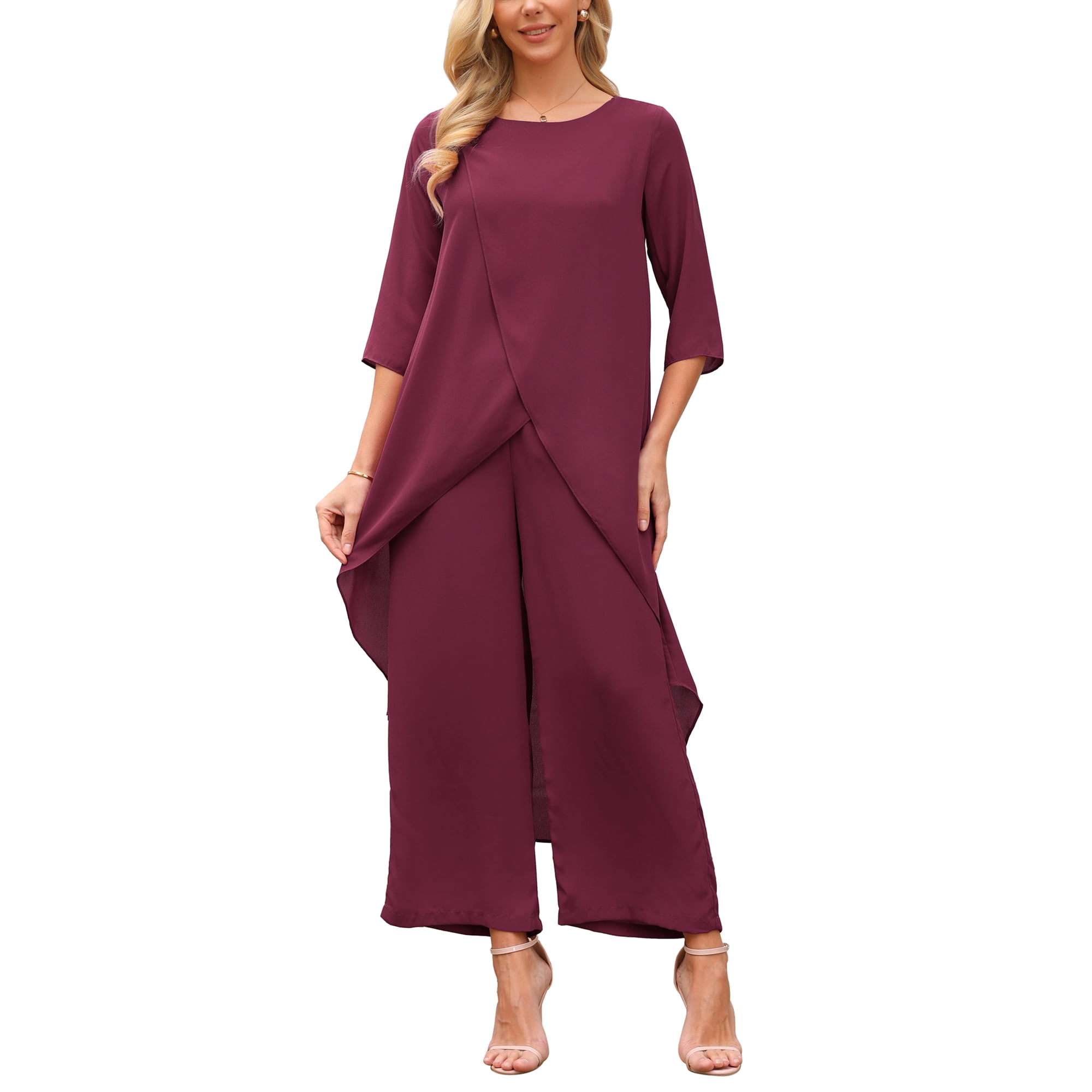 INSPIRE CHIC Women s 2 Piece Chiffon Pantsuit Ruffle Top Wide Leg Pants Formal Wedding Outfit Deep Burgundy M
