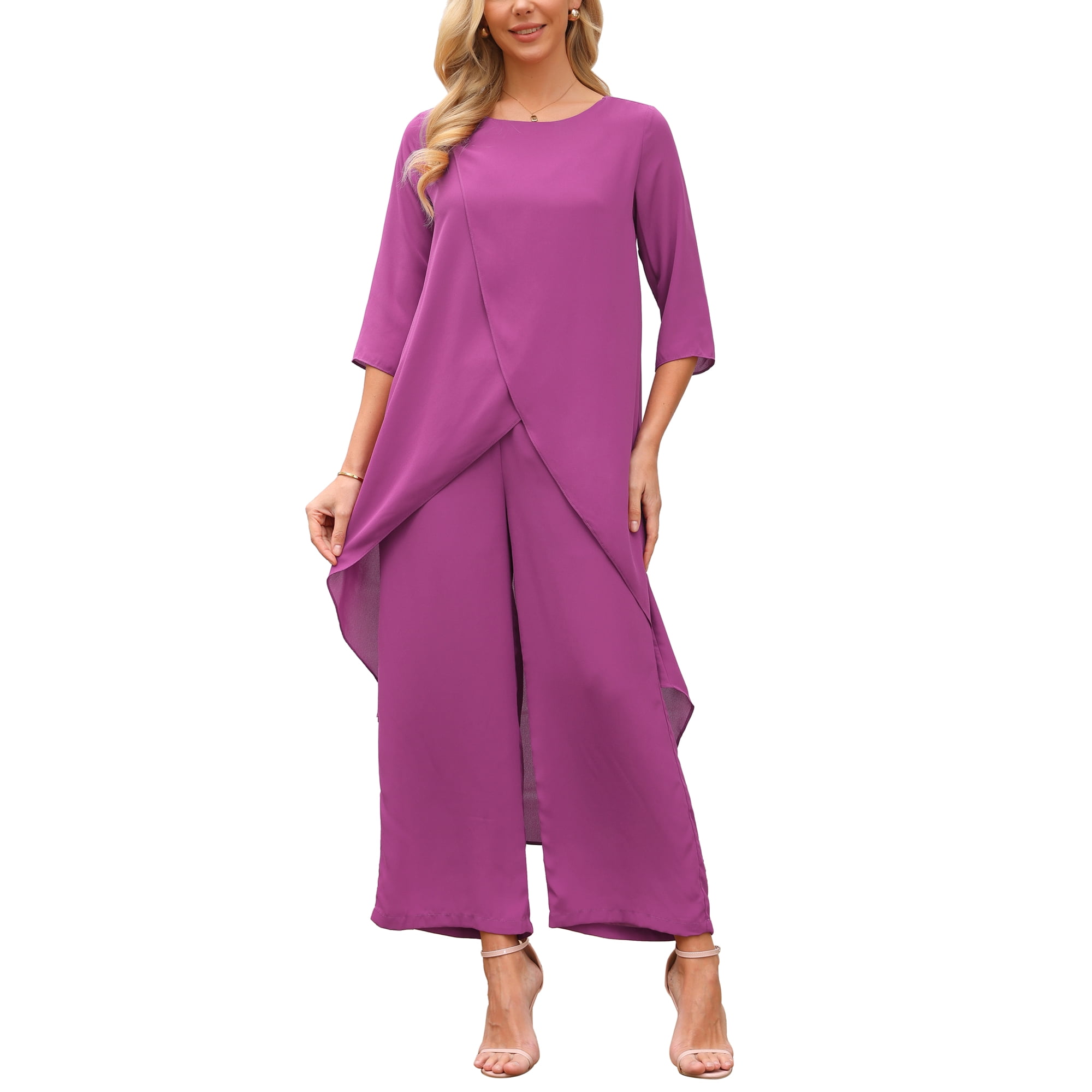 INSPIRE CHIC Women s 2 Piece Chiffon Pantsuit Ruffle Top Wide Leg Pants Formal Wedding Outfit Purple S INSPIRE CHIC Women s 2 Piece Chiffon Pantsuit Ruffle Top Wide Leg Pants Formal Wedding Outfit Purple S