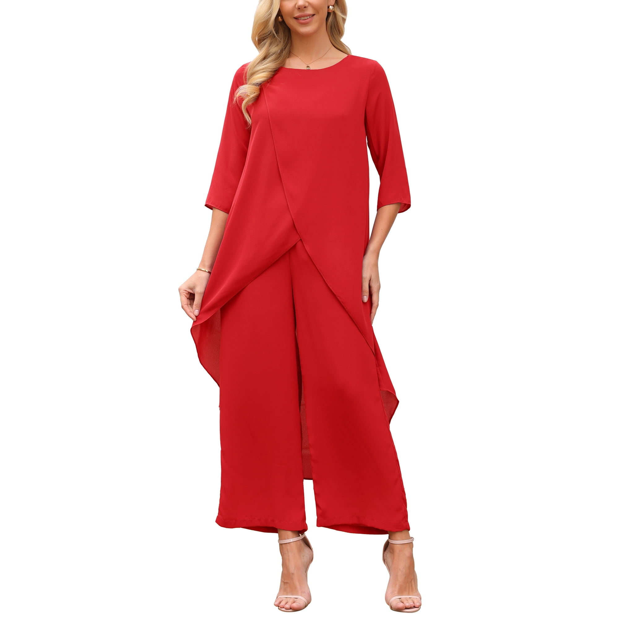 INSPIRE CHIC Women s 2 Piece Chiffon Pantsuit Ruffle Top Wide Leg Pants Formal Wedding Outfit Red M INSPIRE CHIC Women s 2 Piece Chiffon Pantsuit Ruffle Top Wide Leg Pants Formal Wedding Outfit Red M