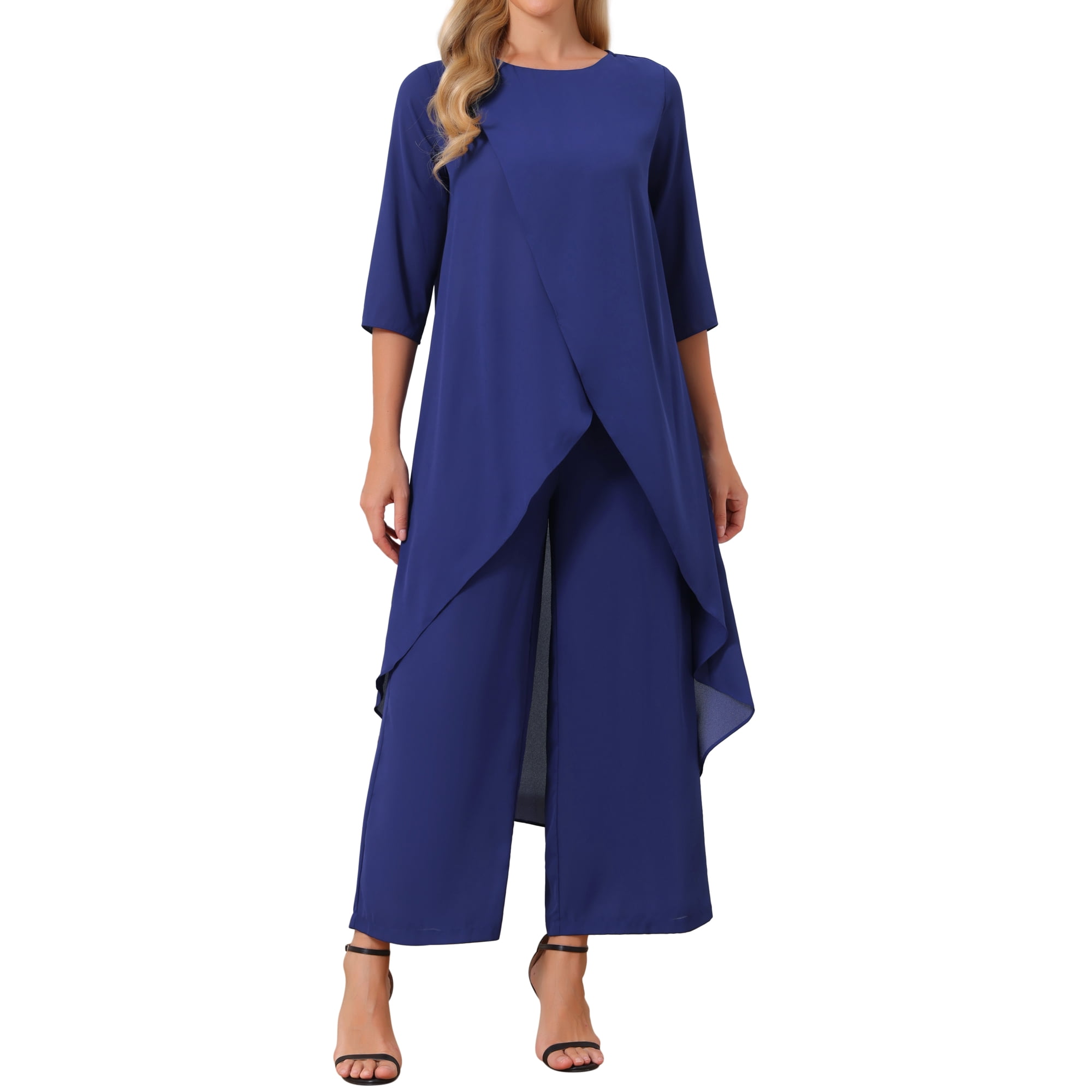 INSPIRE CHIC Women s 2 Piece Chiffon Pantsuit Ruffle Top Wide Leg Pants Formal Wedding Outfit Royal Blue L INSPIRE CHIC Women s 2 Piece Chiffon Pantsuit Ruffle Top Wide Leg Pants Formal Wedding Outfit Royal Blue L
