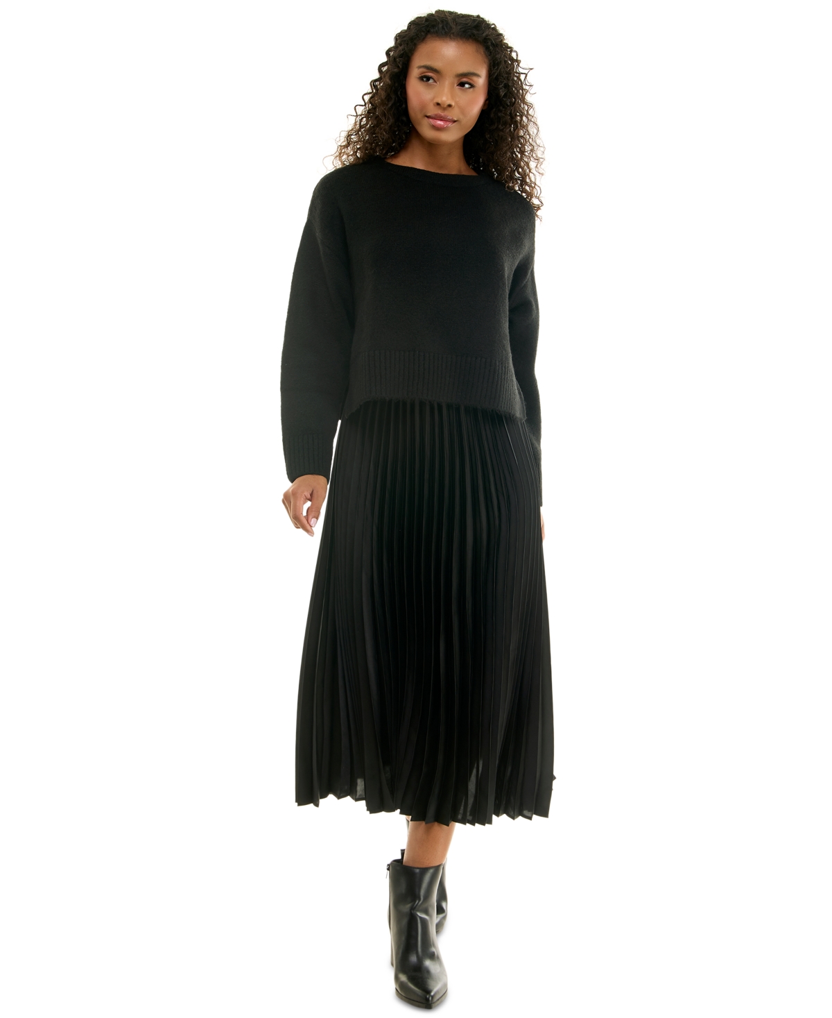 Invitee Women’s Pleated-Satin Midi Crewneck Sweater and Slip Dress, 2-Piece Set – Black Invitee Women’s Pleated-Satin Midi Crewneck Sweater and Slip Dress, 2-Piece Set – Black