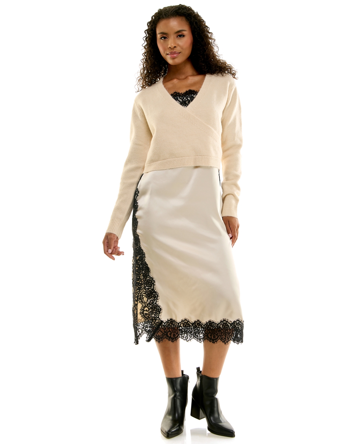Invitee Women’s Wrap Sweater and Lace Trim Midi Slip Dress, 2-Piece Set – White Invitee Women’s Wrap Sweater and Lace Trim Midi Slip Dress, 2-Piece Set – White