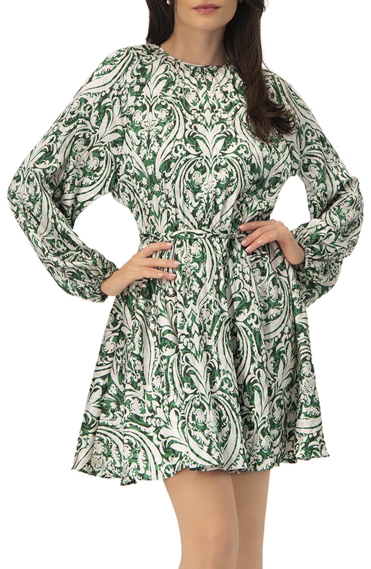 Ivonne Women’s Baroque Print Mini Dress with Belted Waist – Green