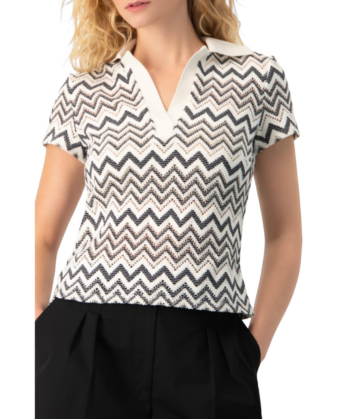 Ivonne Women’s Chevron Knit Collared Polo Blouse – White Ivonne Women’s Chevron Knit Collared Polo Blouse – White