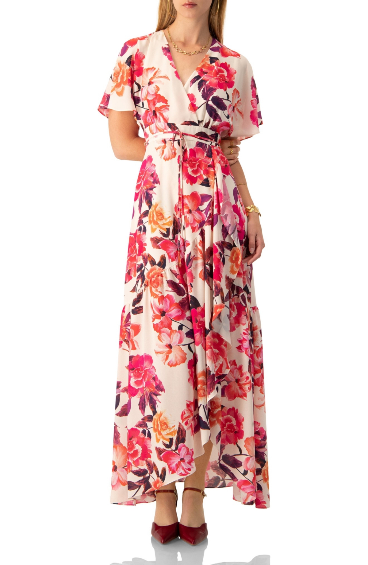 Ivonne Women’s Crossed V-Neck Wrap Floral Maxi Dress – Ivory
