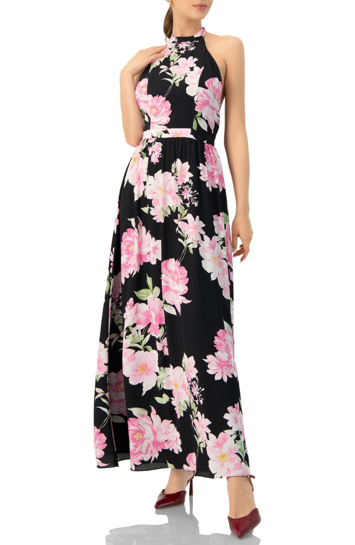 Ivonne Women’s Floral Halter Neck Backless Maxi Dress – Black