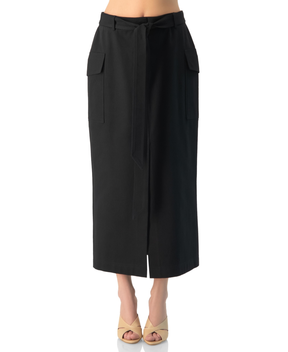 Ivonne Women’s High-Waisted Belted Side-Slit Midi Skirt – Black