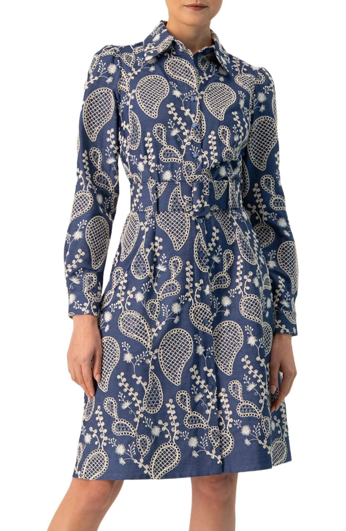 Ivonne Women’s Long Sleeve A-Line Dress with Floral Embroidery – Blue Ivonne Women’s Long Sleeve A-Line Dress with Floral Embroidery – Blue