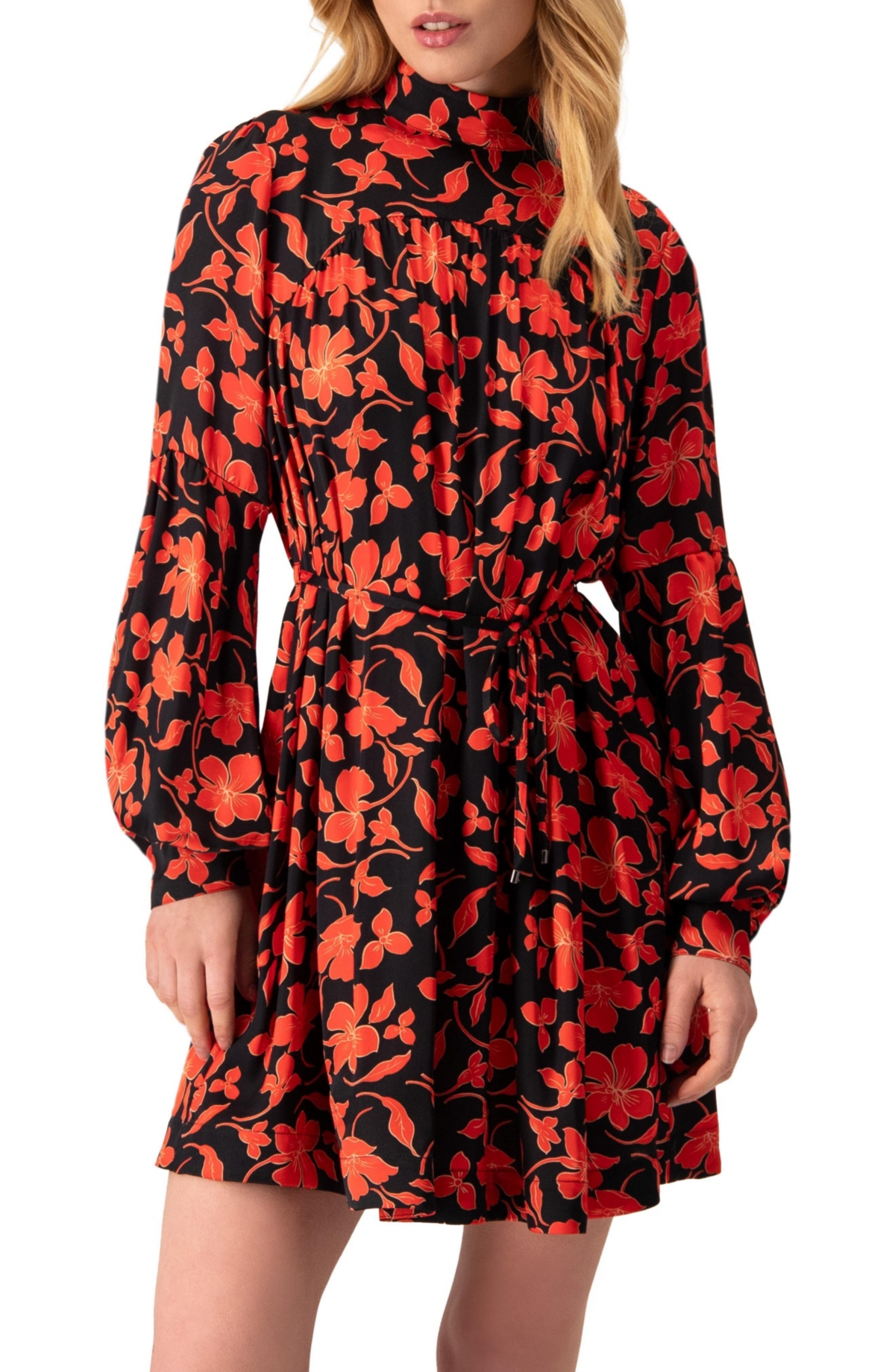 Ivonne Women’s Mini Dress with Red Floral Print and Drawstring Waist – Red Ivonne Women’s Mini Dress with Red Floral Print and Drawstring Waist – Red