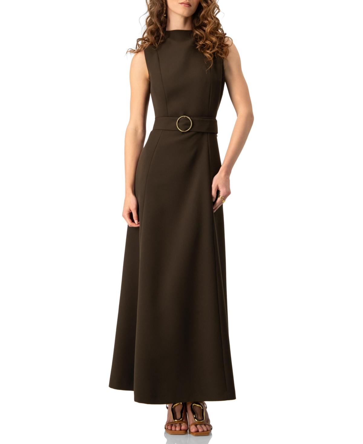 Ivonne Women’s Sleeveless Belted A-Line Maxi Dress with Ring Buckle – Olive green Ivonne Women’s Sleeveless Belted A-Line Maxi Dress with Ring Buckle – Olive green