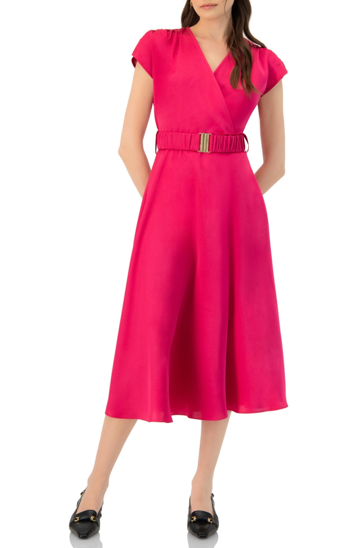 Ivonne Women’s Sleeveless Midi Satin Dress with Belt – Fuchsia