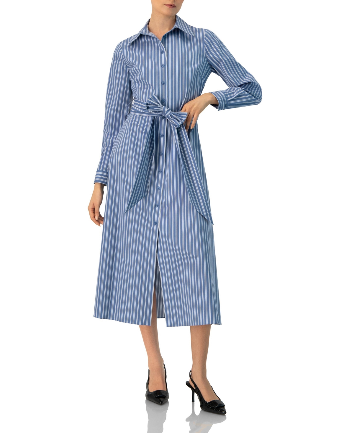 Ivonne Women’s Striped Midi Collared Dress with Waist Tie – Blue
