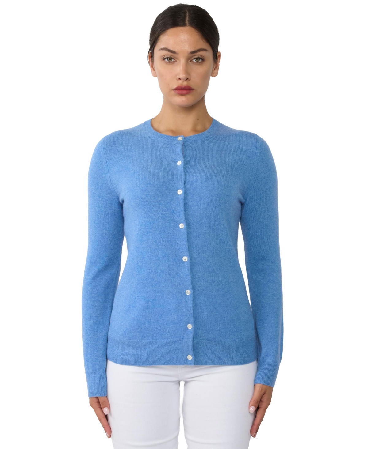Jennie Liu Women’s 100% Cashmere Button Front Long Sleeve Crewneck Cardigan Sweater – Ocean heather
