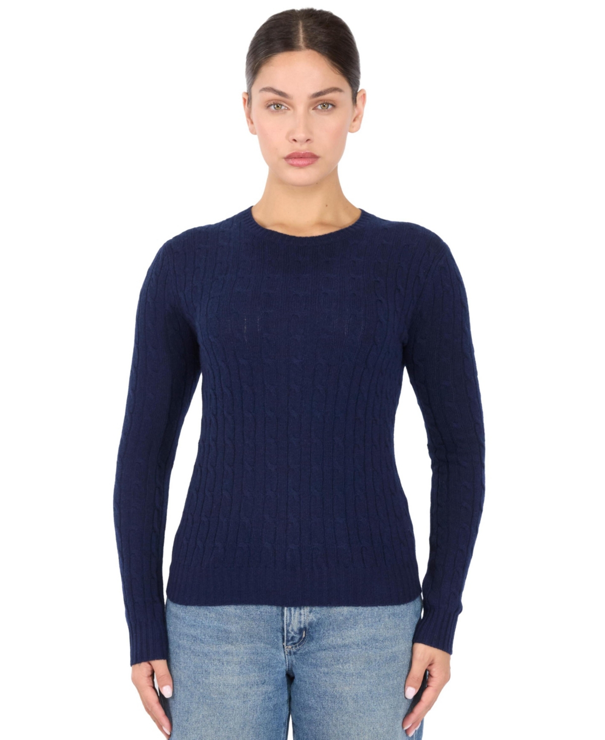 Jennie Liu Women’s 100% Cashmere Cable-knit Long Sleeve Pullover Crew Neck Sweater – Navy