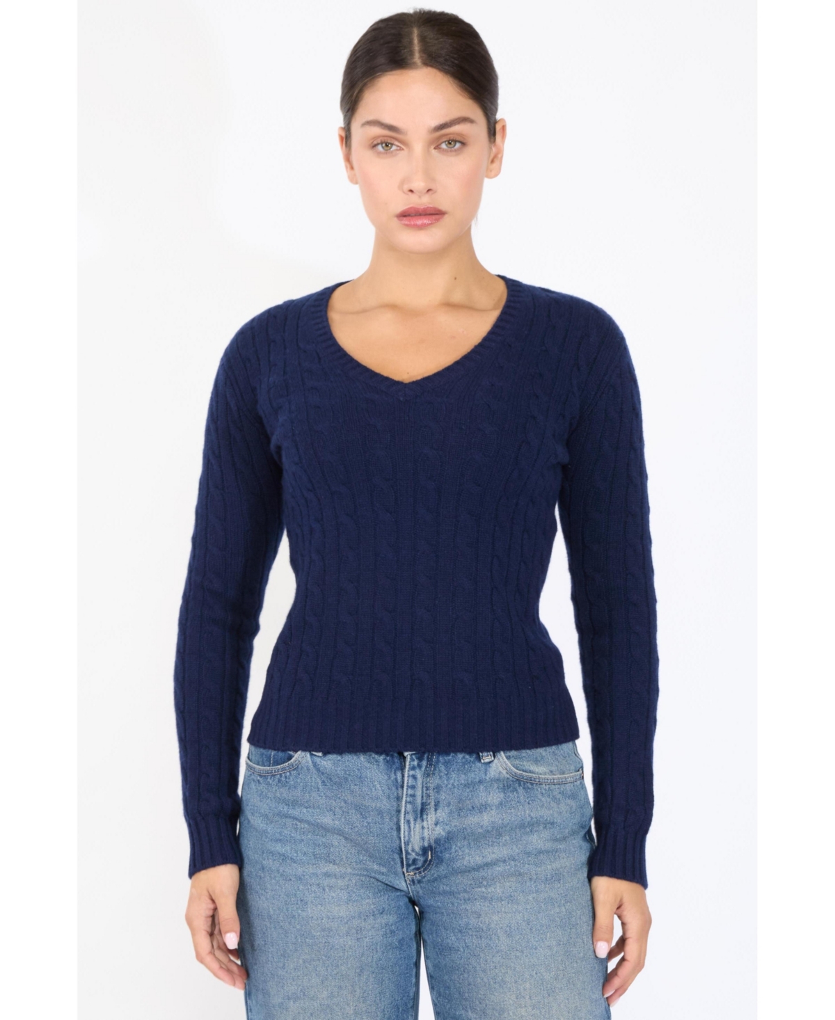 Jennie Liu Women’s 100% Cashmere V-Neck Sweater | Chuncky Cashmere Cable-knit Sweaters – Navy