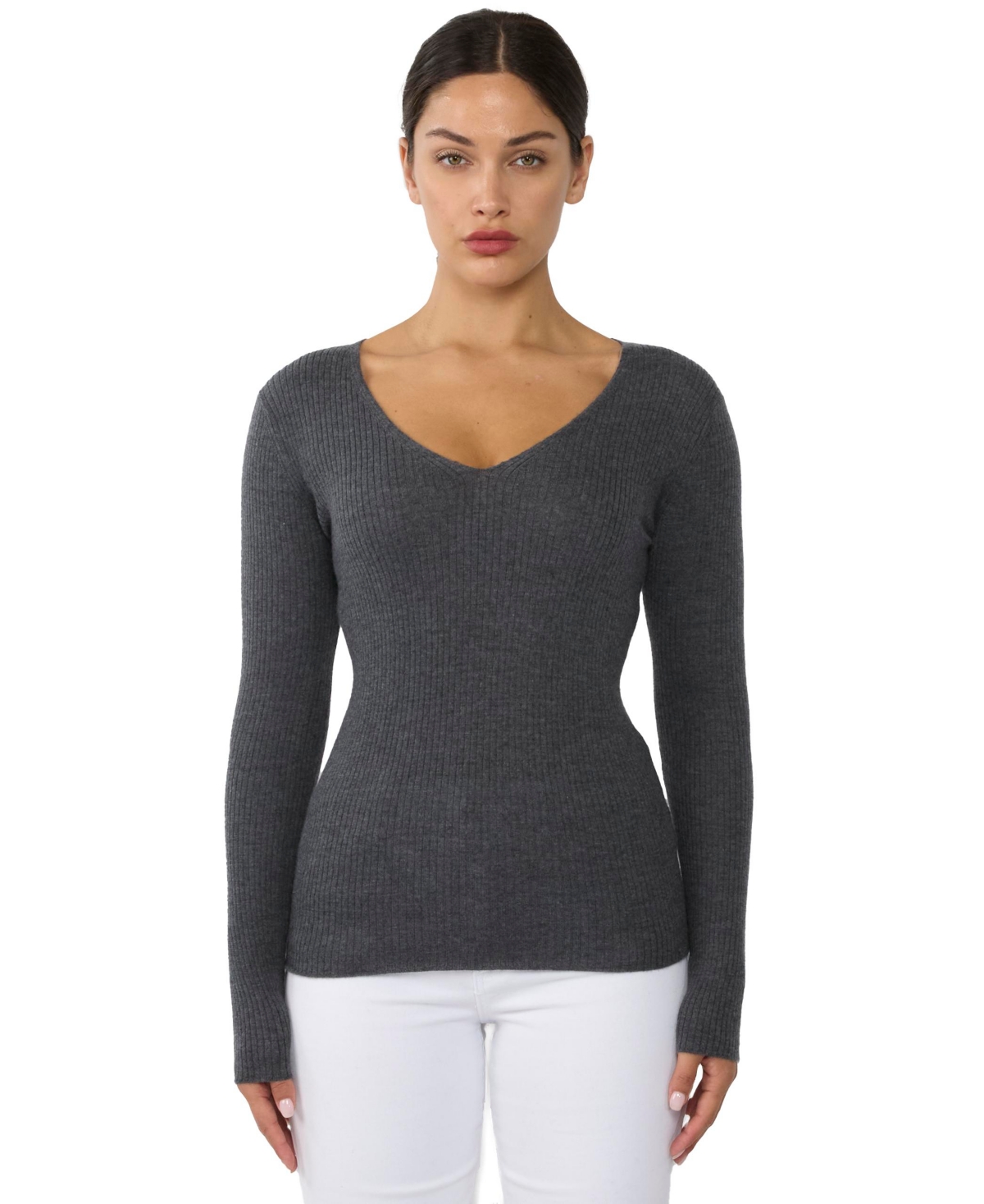 Jennie Liu Women’s 100% Cashmere V-Neck Sweater | Ribbed Tissue Weight Cashmere Sweaters – Charcoal