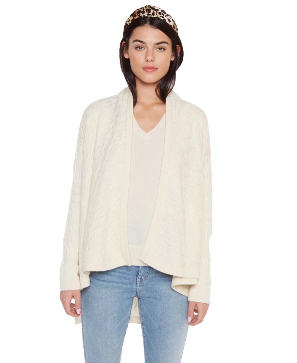 Jennie Liu Women’s 100% Pure Cashmere 4-ply Cable-knit Drape-front Open Cardigan Sweater – Cream