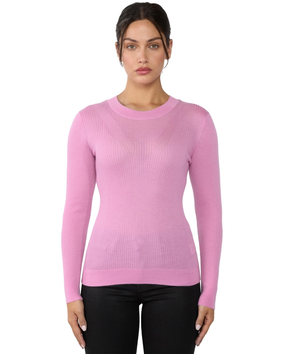 Jennie Liu Women’s Tissue Weight Cashmere Silk Rib-knit Crewneck Sweater – Rose