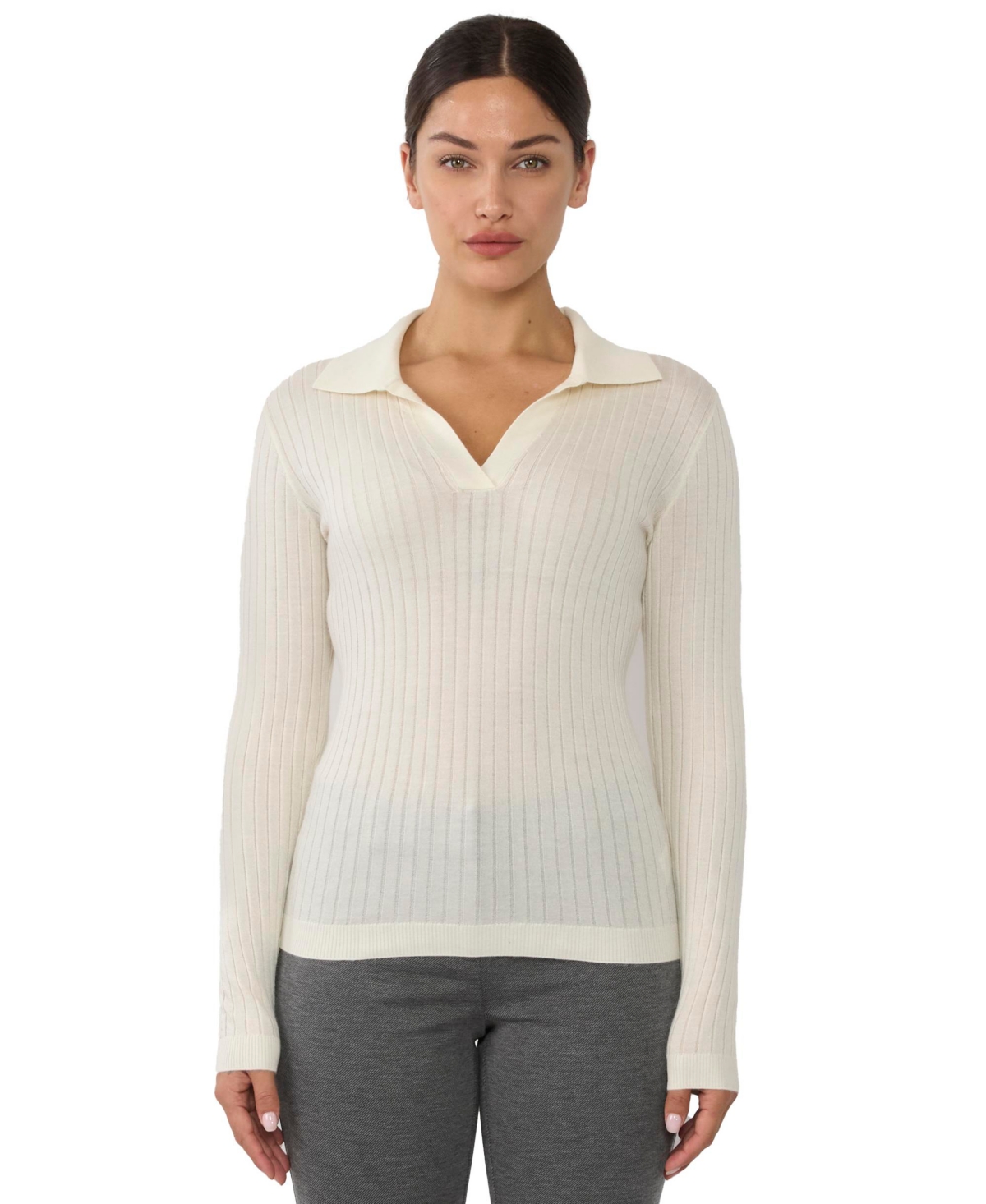 Jennie Liu Women’s Tissue Weight Cashmere Silk Rib-knit Johnny Collar Polo Sweater – Ivory Jennie Liu Women’s Tissue Weight Cashmere Silk Rib-knit Johnny Collar Polo Sweater – Ivory