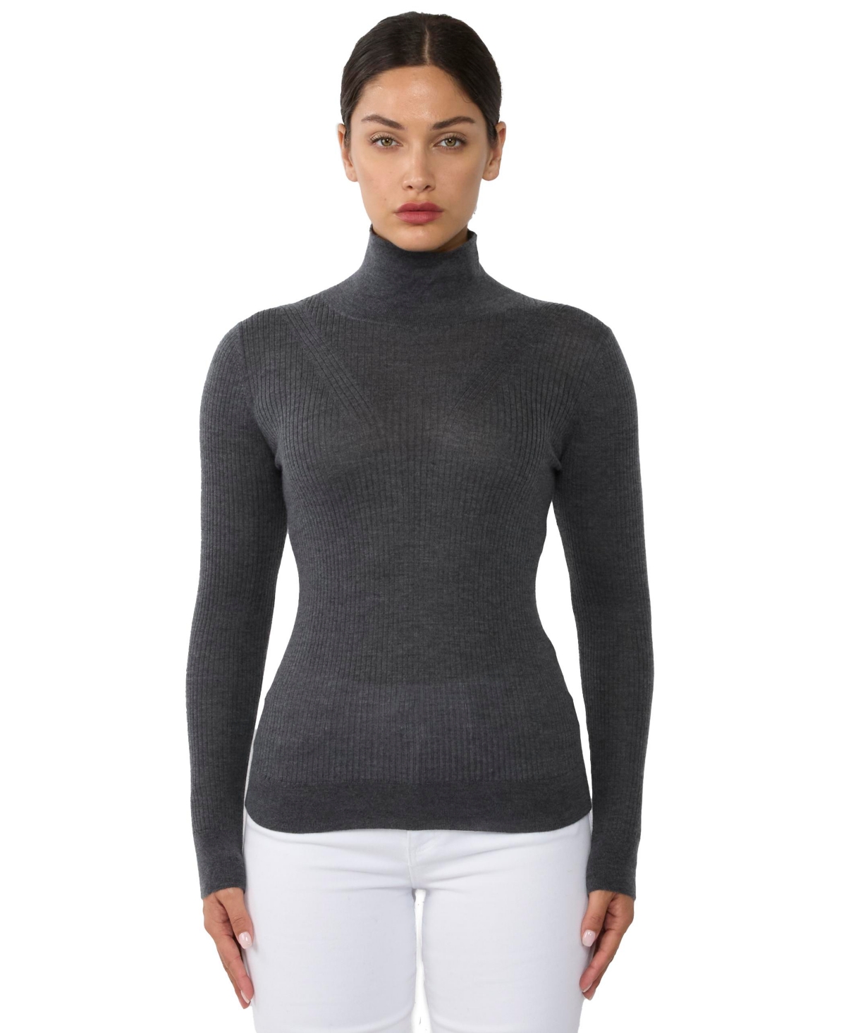 Jennie Liu Women’s Tissue Weight Cashmere Silk Rib-knit Turtleneck Sweater – Slate Jennie Liu Women’s Tissue Weight Cashmere Silk Rib-knit Turtleneck Sweater – Slate