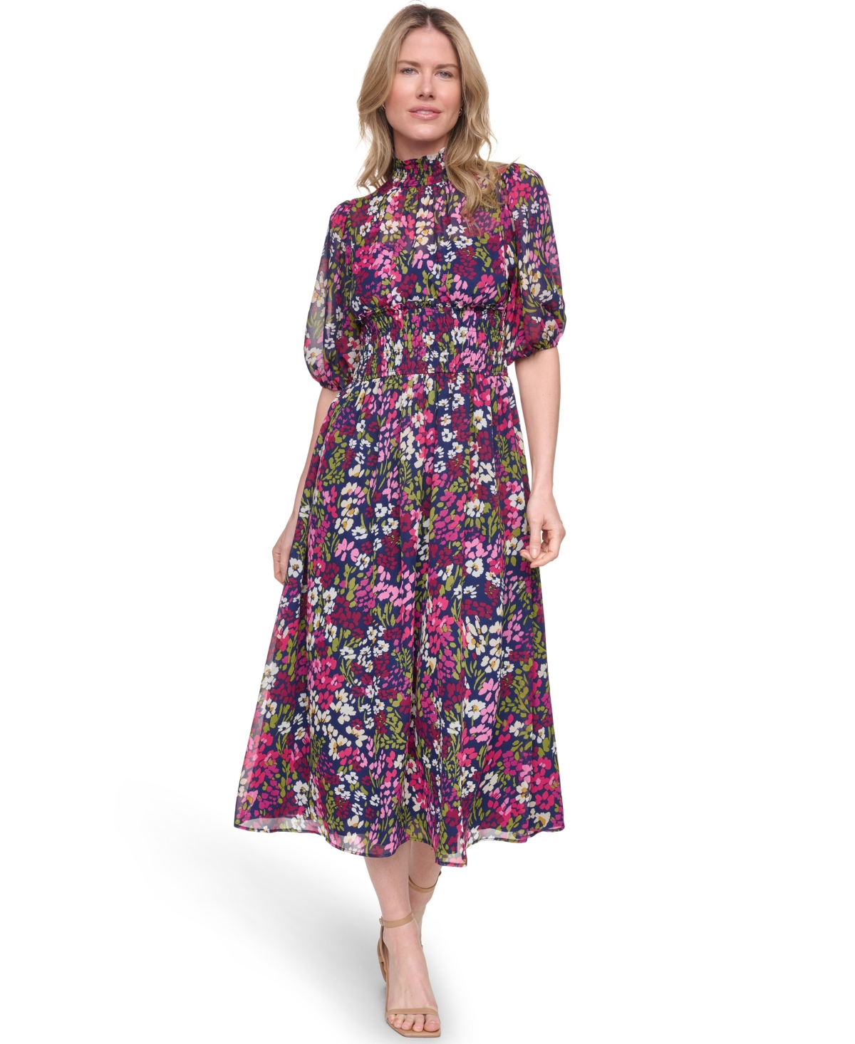 Jessica Howard Women’s Mock Neck & Smocked Waist Maxi Dress – Multi