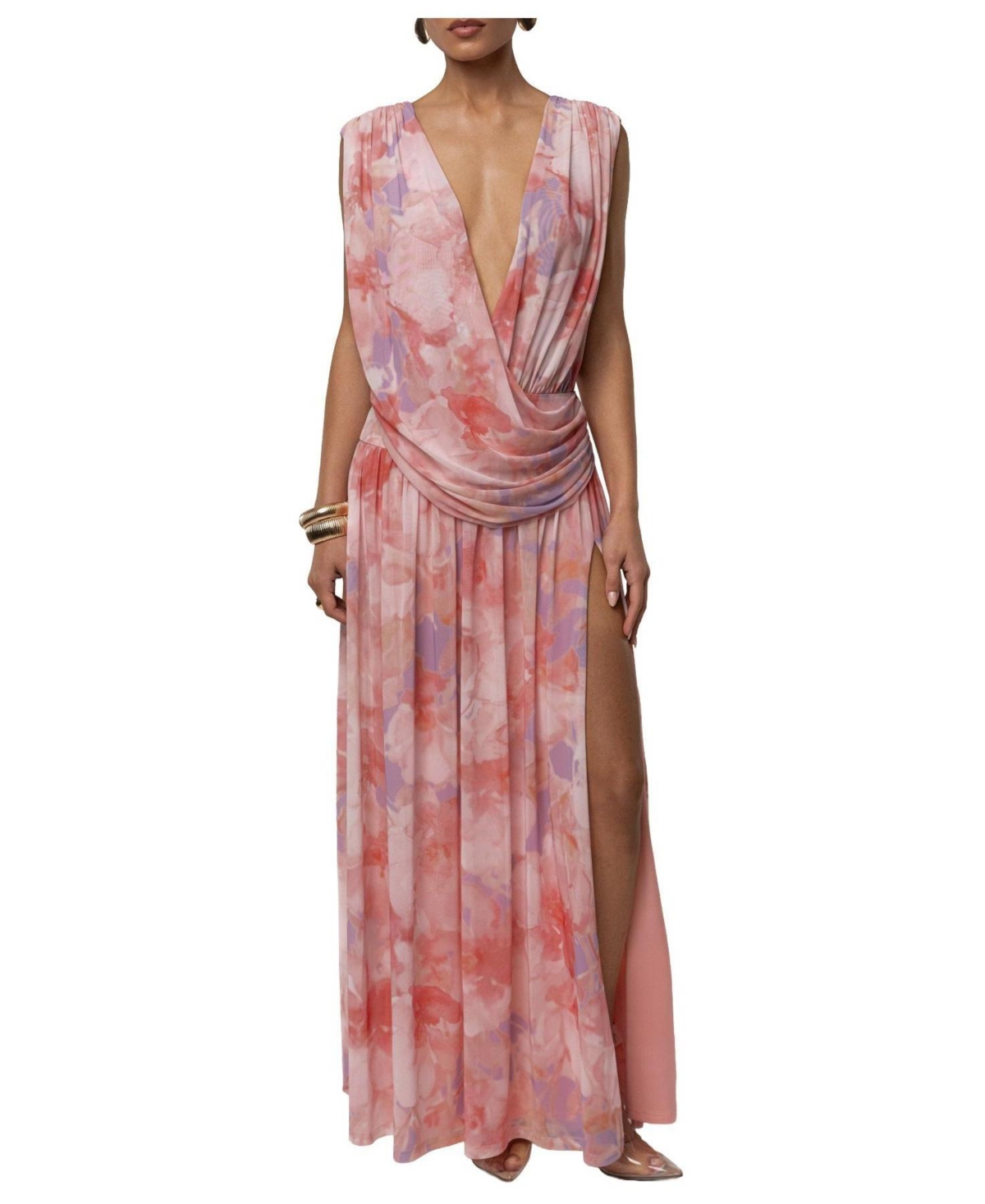 Jluxlabel Women’s Evening Flow Floral Plunging V-Neck Draped Maxi Dress – Pink bloom