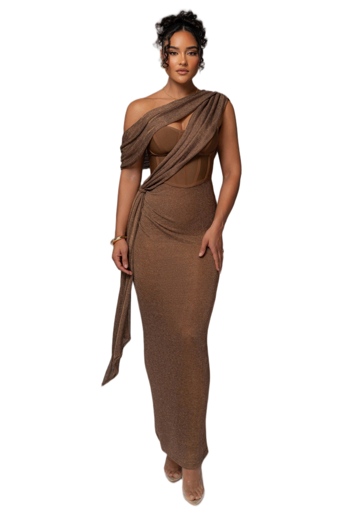 Jluxlabel Women’s Metallic Celestina Draped Maxi Dress – Brown Jluxlabel Women’s Metallic Celestina Draped Maxi Dress – Brown