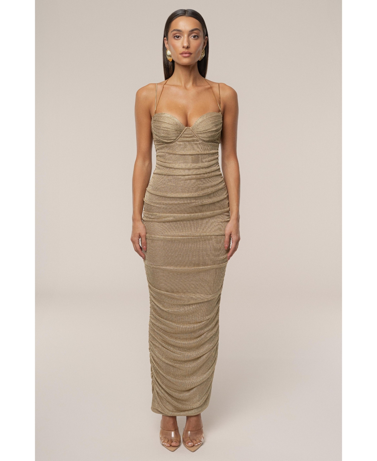 Jluxlabel Women’s Ruched Metallic Maxi Dress – Gold