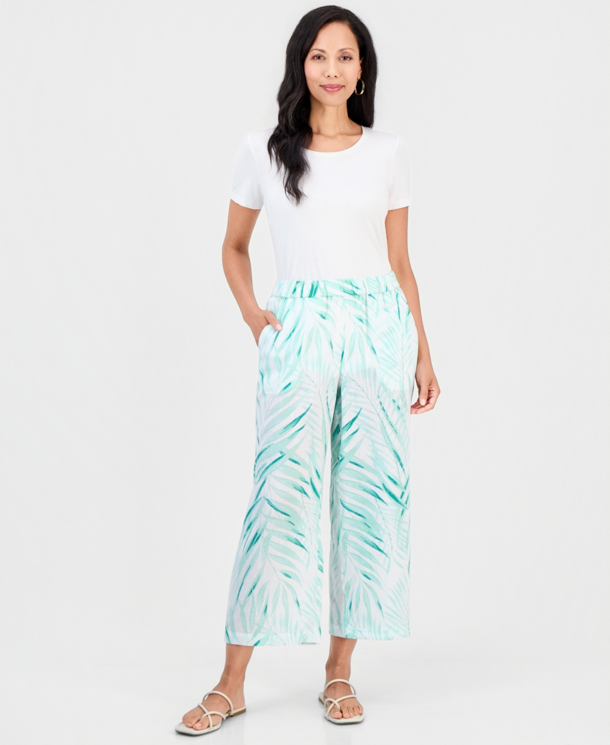 Jm Collection Women’s Trop Wide Leg Capri Tropical Print, 25″ Inseam, Macy’s Exclusive – Bright White