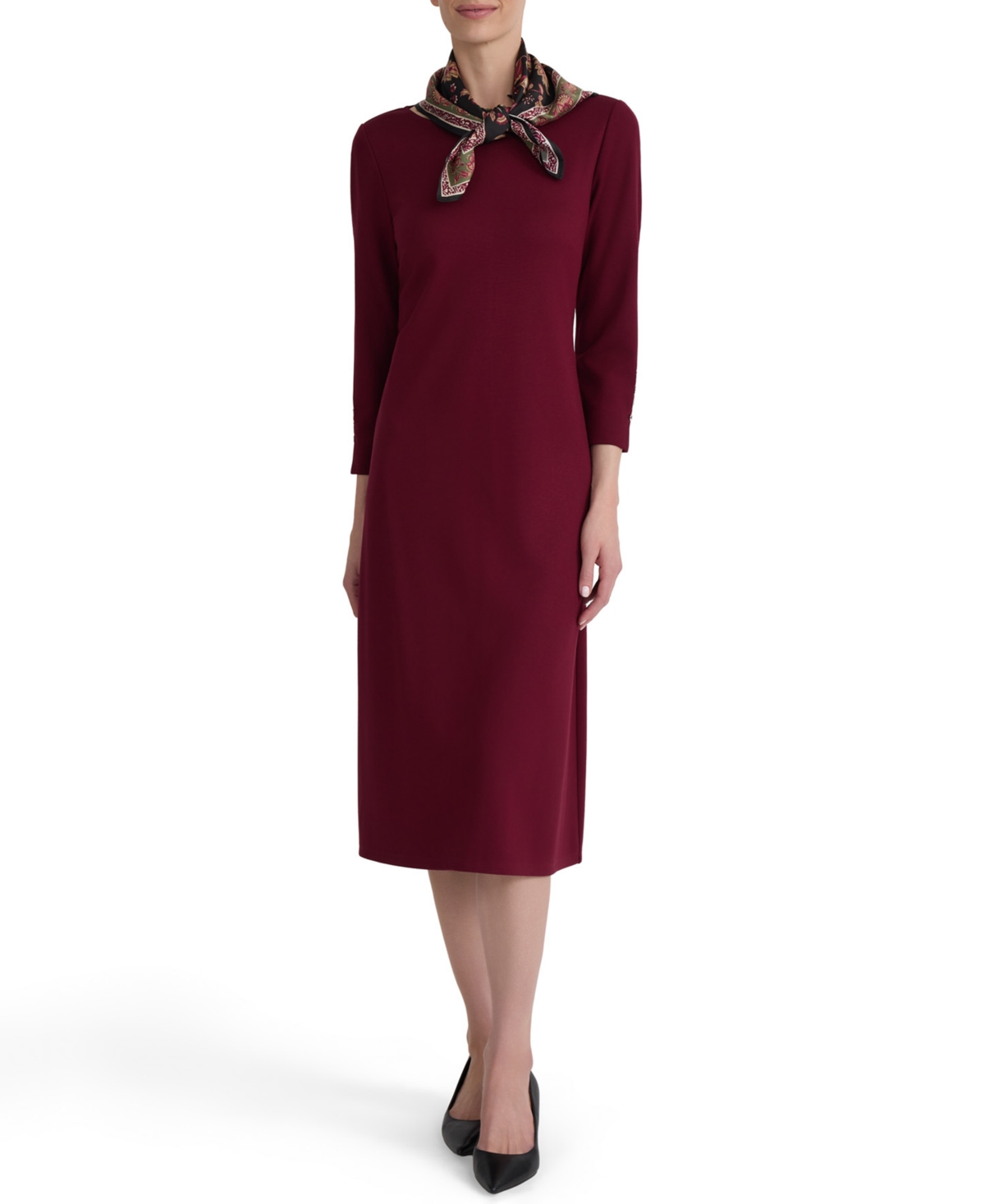 Jones New York Women’s 3/4-Sleeve Midi Dress with Combo Scarf – Classic Wine