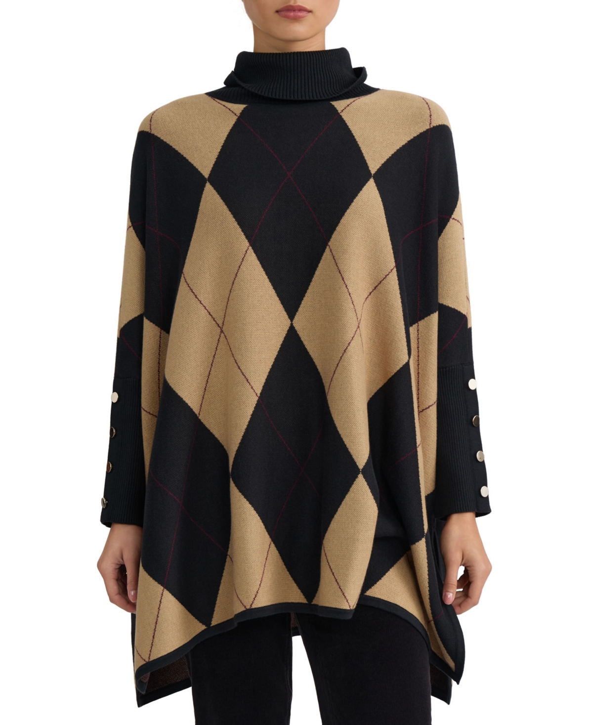 Jones New York Women’s Argyle Turtleneck Poncho Pull-On Sweater – Natural Caramel Multi