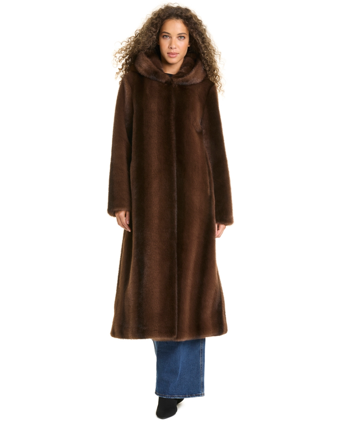 Jones New York Women’s Maxi Hooded Faux Fur Coat – Brown Stripe Mink Jones New York Women’s Maxi Hooded Faux Fur Coat – Brown Stripe Mink