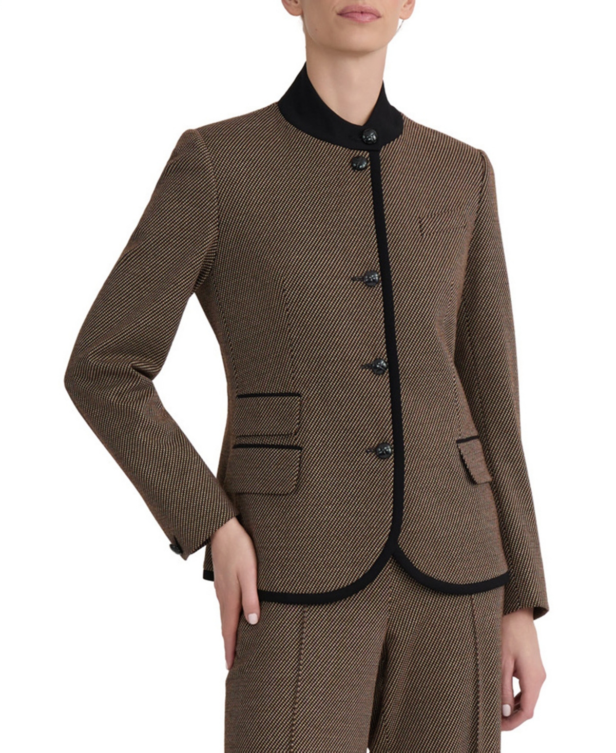 Jones New York Women’s Military-Inspired Mini Dot Knit Jacquard Jacket – Natural Camel Multi Jones New York Women’s Military-Inspired Mini Dot Knit Jacquard Jacket – Natural Camel Multi