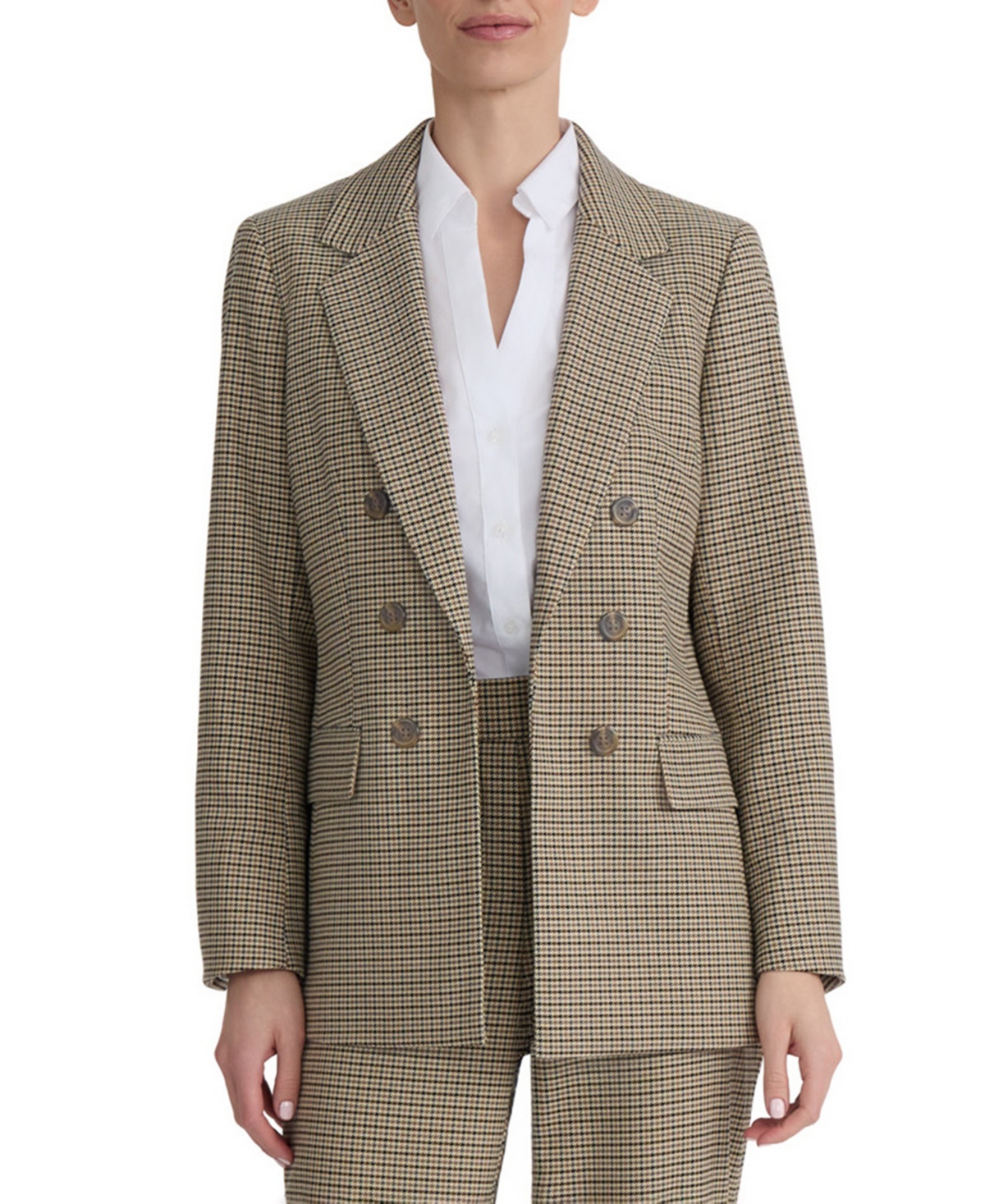 Jones New York Women’s Mini-Houndstooth Faux Double-Breasted Jacket – Natural Camel Multi Jones New York Women’s Mini-Houndstooth Faux Double-Breasted Jacket – Natural Camel Multi