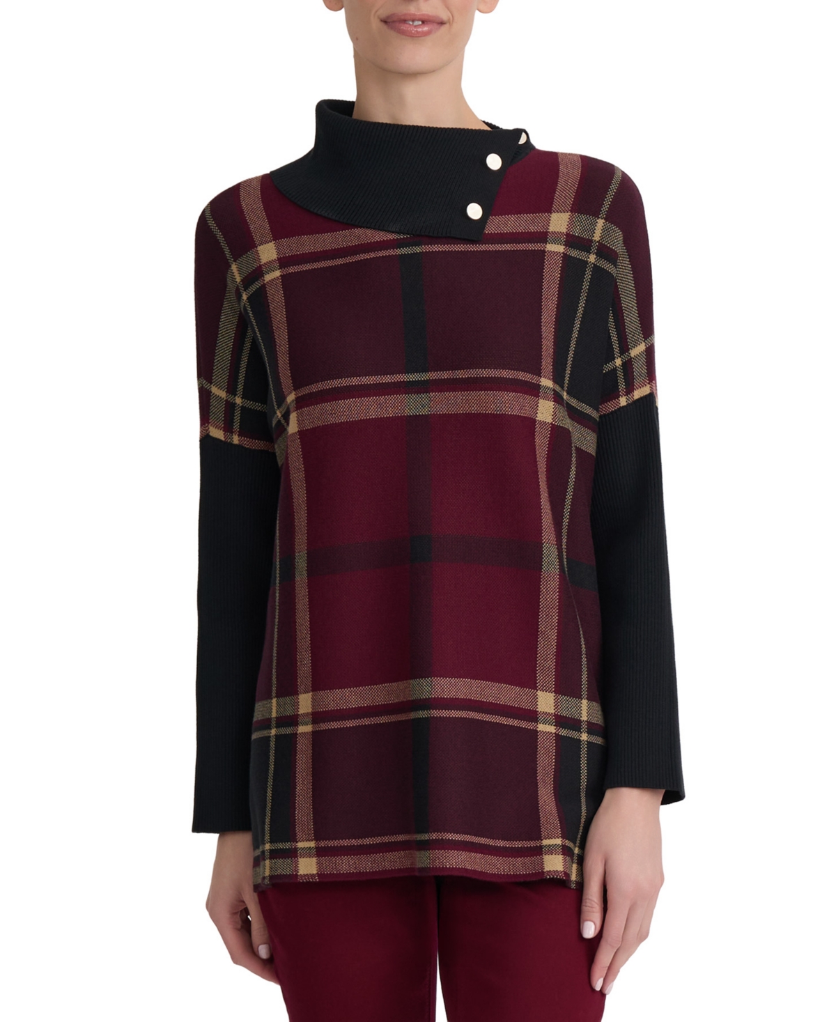 Jones New York Women’s Plaid Split-Neck Poncho Sweater – Classic Wine Multi Jones New York Women’s Plaid Split-Neck Poncho Sweater – Classic Wine Multi
