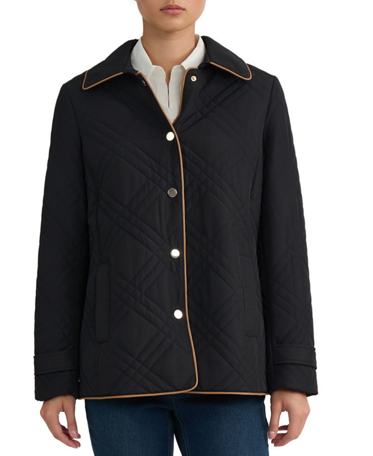 Jones New York Women’s Triple-Diamond-Quilted Faux-Leather-Piping Jacket – Jones Black/Caramel Jones New York Women’s Triple-Diamond-Quilted Faux-Leather-Piping Jacket – Jones Black/Caramel