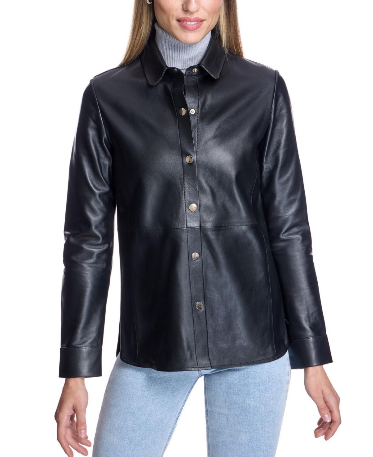 Julia & Stella By Maximilian Women’s Michelle Snap-Front Slim-Fit Leather Jacket – Black Julia & Stella By Maximilian Women’s Michelle Snap-Front Slim-Fit Leather Jacket – Black