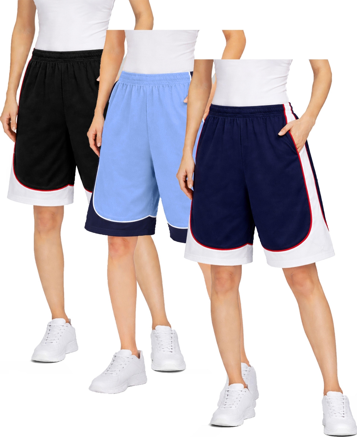 Jump Start Women’s Loose Fit Moisture-Wicking Performance Shorts-3 Pack – Black/red-blue/white-navy/red Jump Start Women’s Loose Fit Moisture-Wicking Performance Shorts-3 Pack – Black/red-blue/white-navy/red
